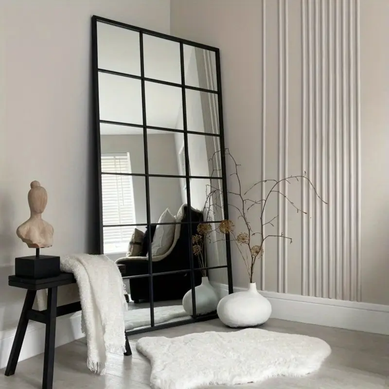 Window * Grid Mirror, Full Length Mirror, Black Rectangular * Wall Mirror, Floor Mirror Art * Mirror Wall Decor for Bedroom, Living Room, Entryway
