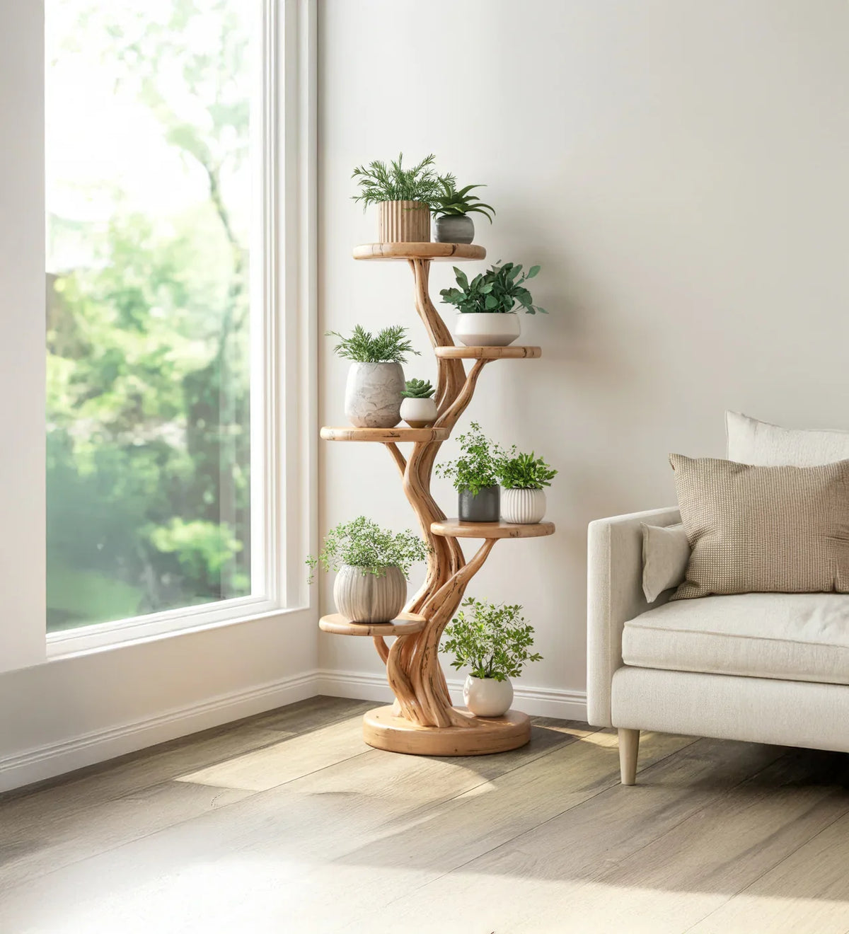 Wood Tree Plant Shelf – Rustic Organic Bonsai Stand – Natural Live-Edg