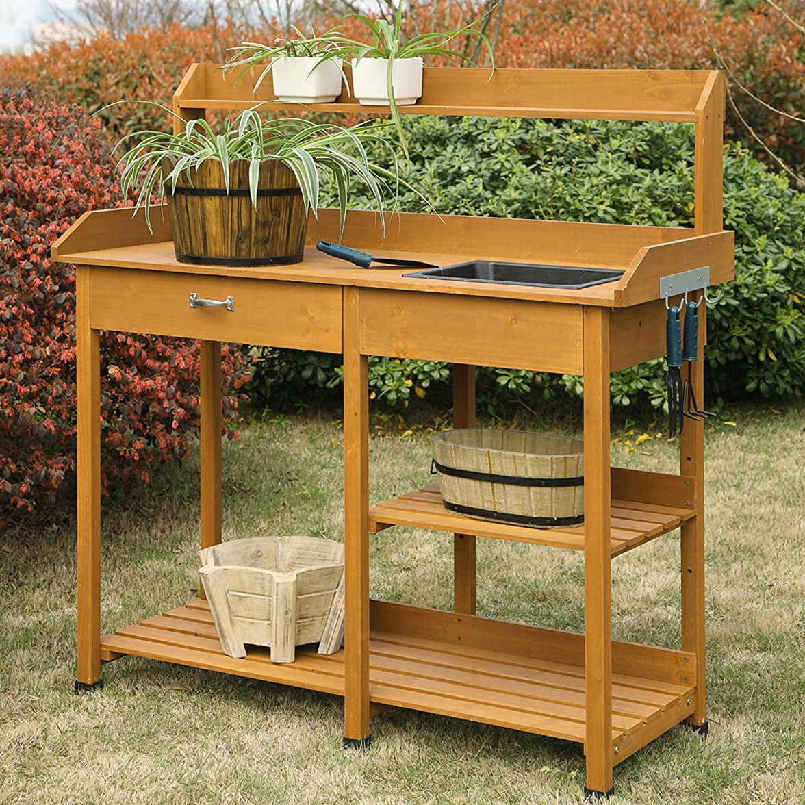 Wooden Potting Bench Work Table-sink Light Oak Finish | FastFurnishings.com