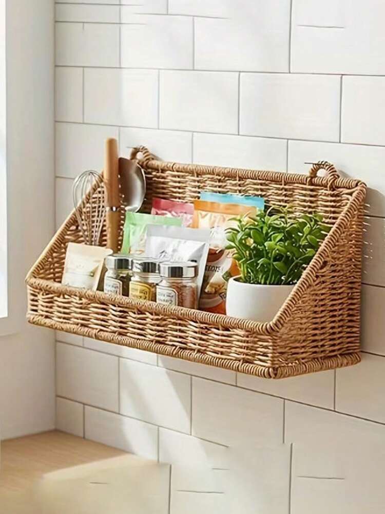 1 Rustic-Style Wicker Hanging Basket (With Hook)-A Wall-Mounted Storage Basket Suitable For The Bathroom And Kitchen. Perfect For Storing Cosmetics And Skincare Products, As A Decorative Bathroom Sh