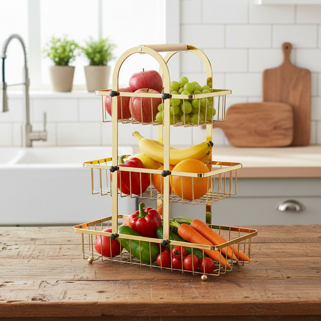 3-Tier Fruit Vegetable Basket Stand, Metal Kitchen Countertop Organize