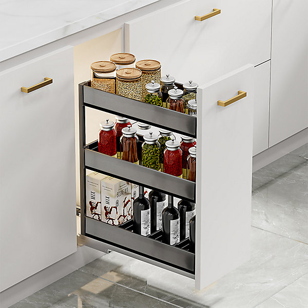 3-Tier Stainless Steel Kitchen Bottom Pull Out Shelf Narrow Cabinet Pull-out storage Grey 20cm