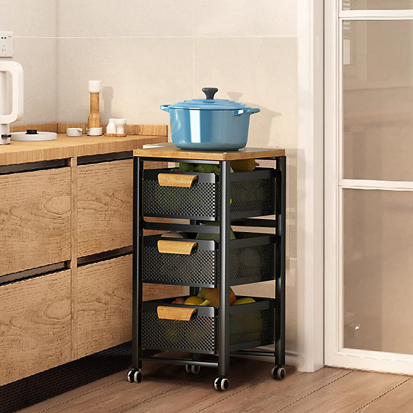 4 Tier Pull Out Metal Rolling Kitchen Storage Trolley Cart with Storage Drawer for Fruit Vegetable