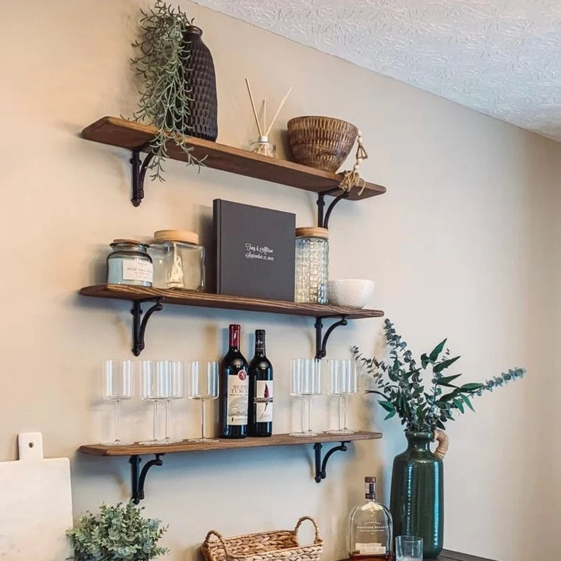 6' Nominal Depth Wood Shelf with Black Iron Corbel Brackets - honeymintshelfco