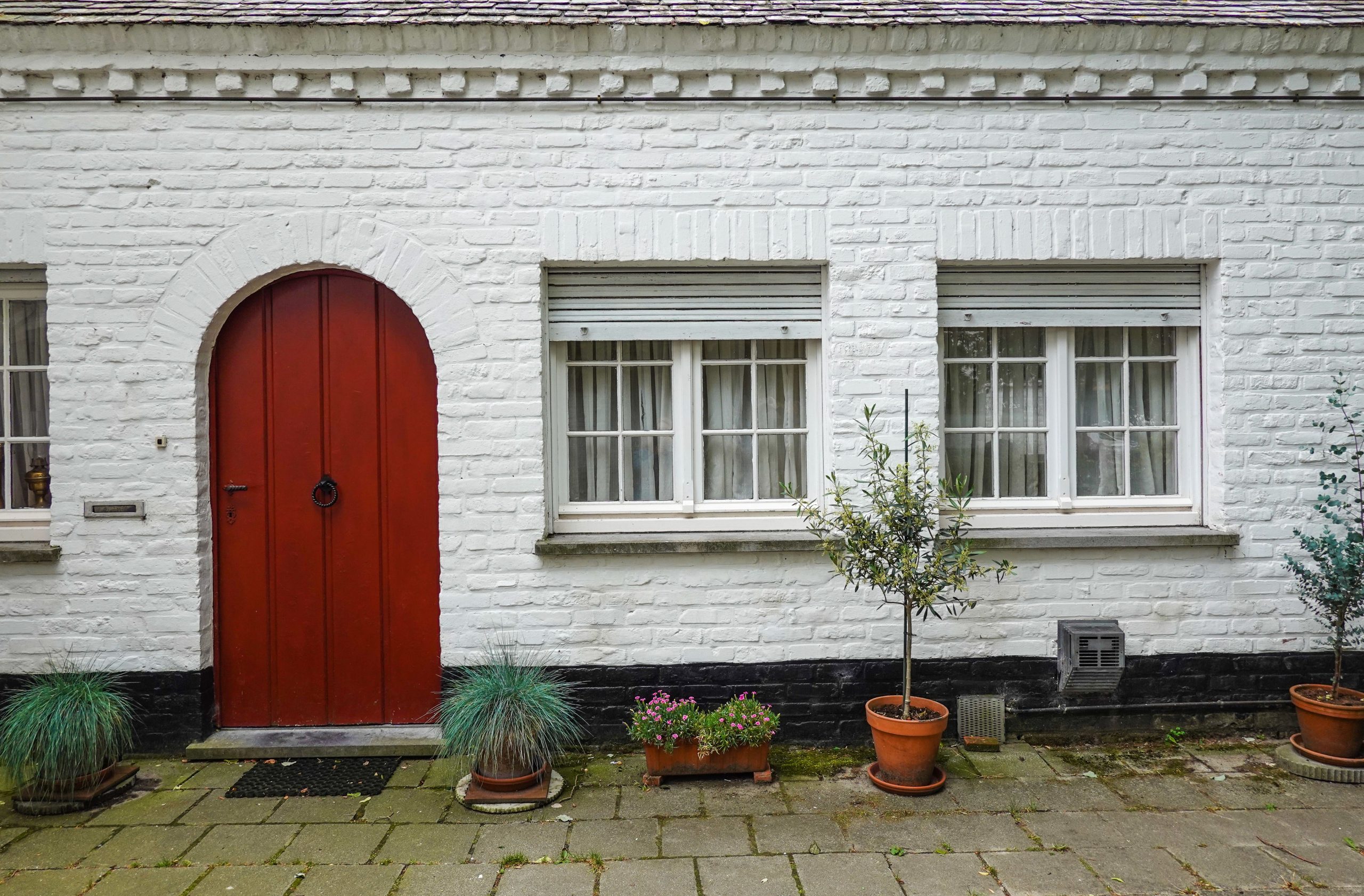 A charming red wooden arched door on a white brick residential exterior with potted plants.