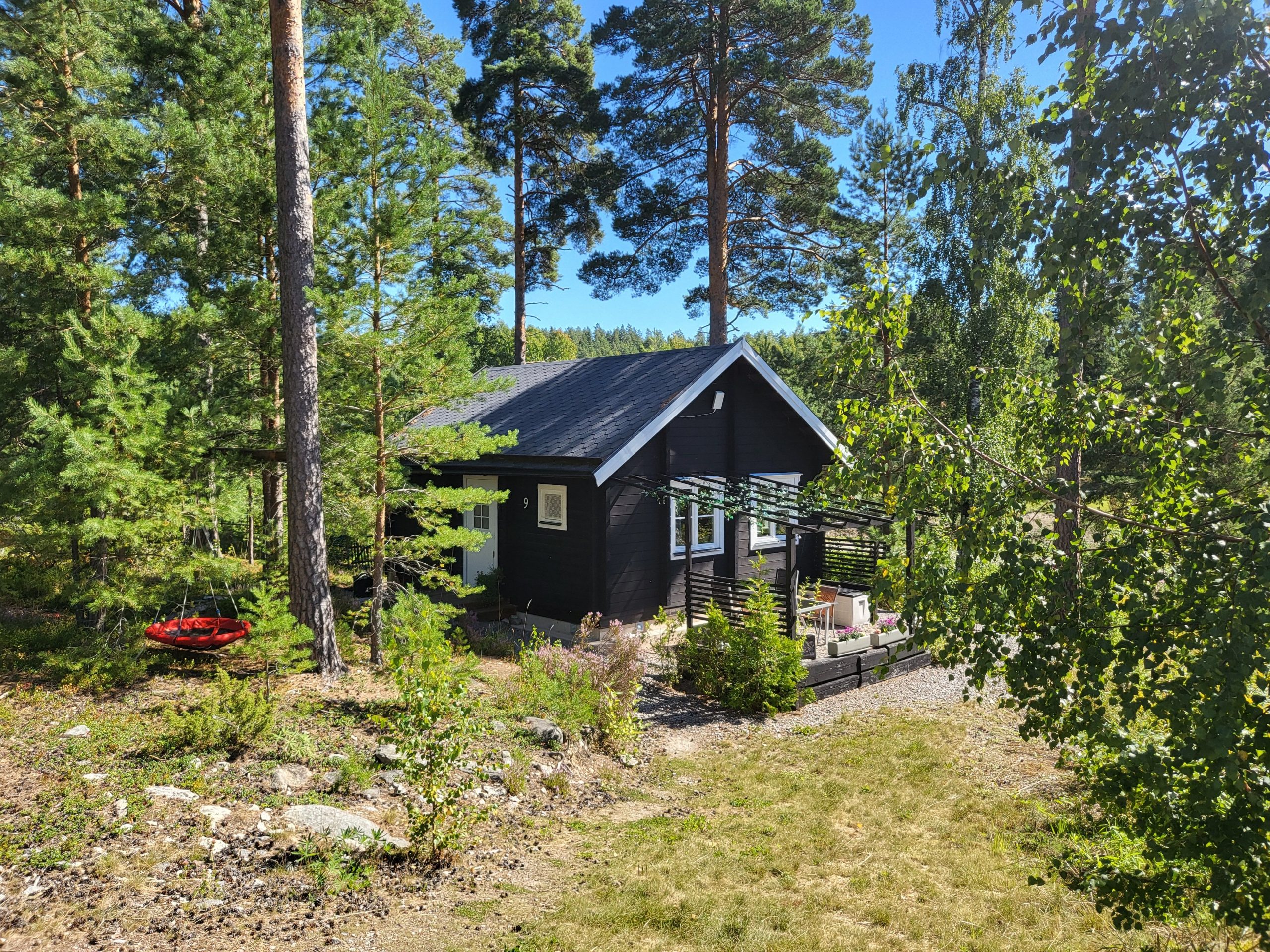 A cozy black cabin nestled in a tranquil forest setting under clear summer skies.