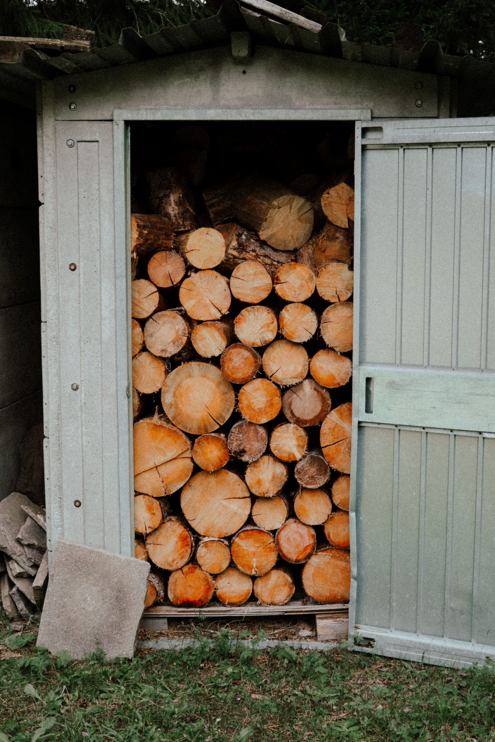 A neat stack of cut logs inside a rustic wooden shed with open doors.