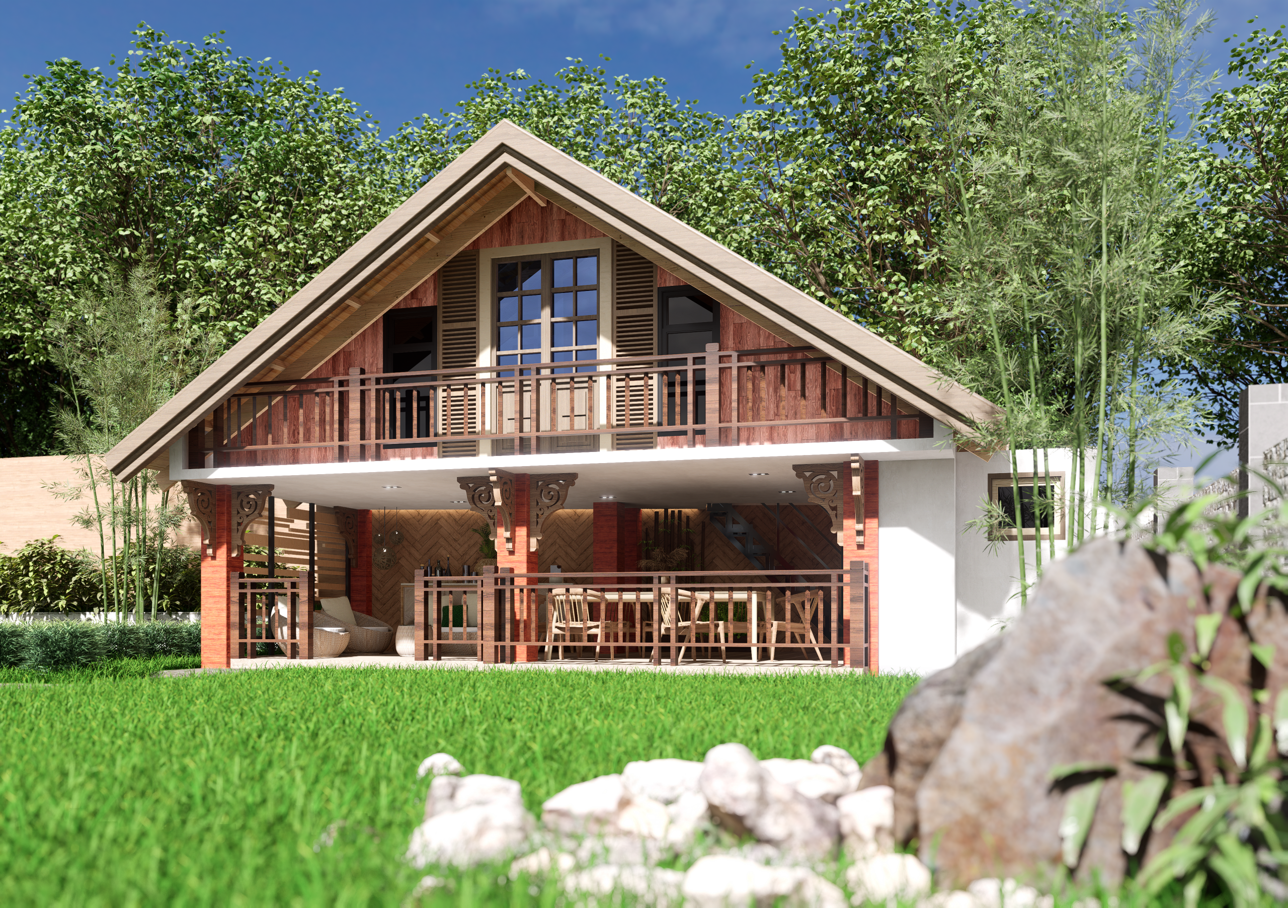 A rustic wooden chalet surrounded by lush greenery under a clear blue sky.