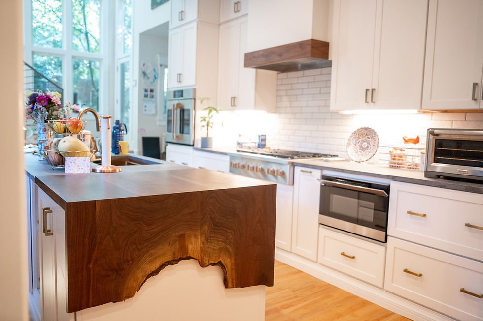Beautiful Walnut Kitchen Featuring a Live Edge Waterfall Countertop