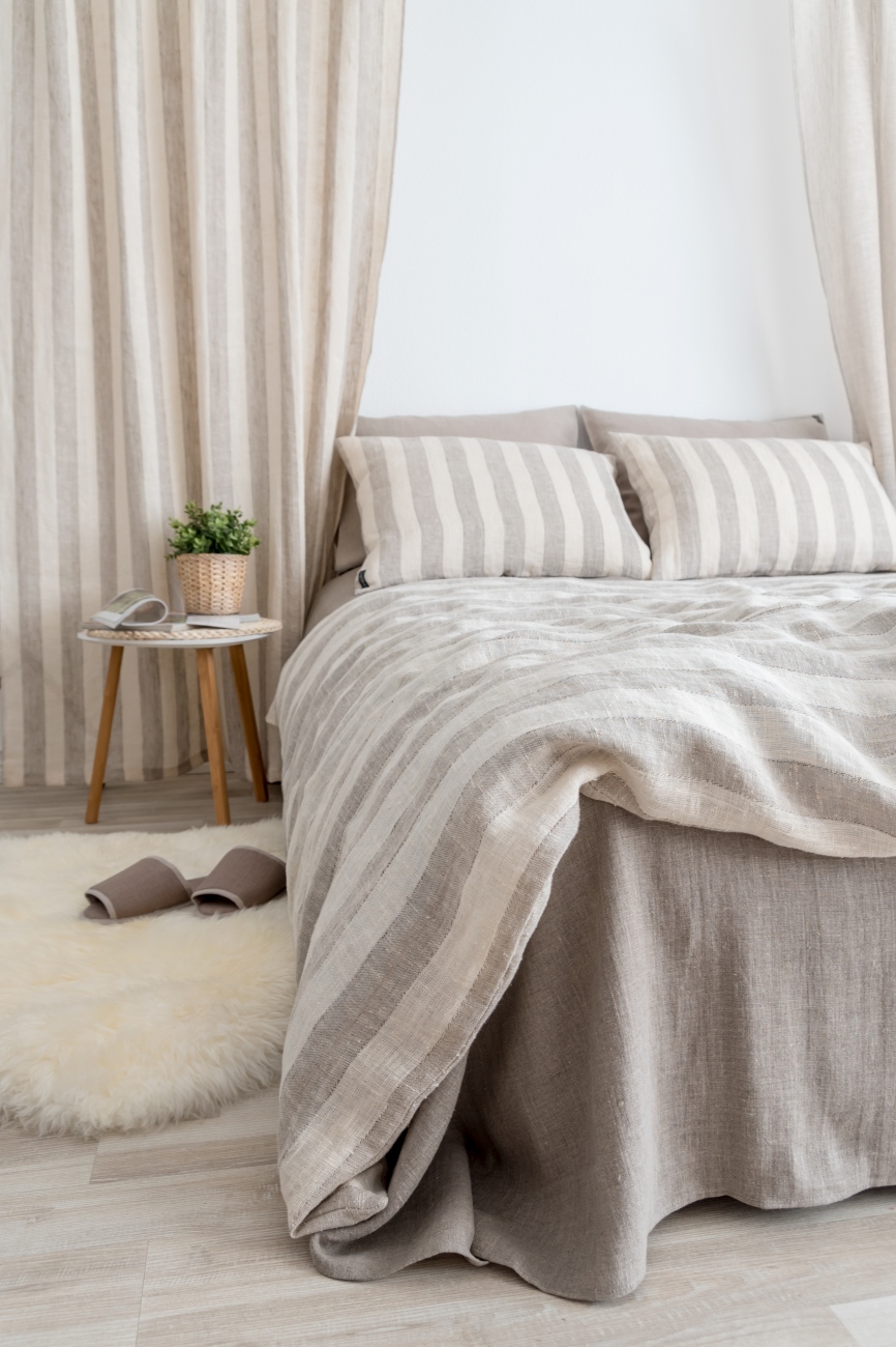 Beige striped linen bedding set | Linen Boutique