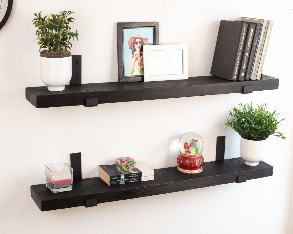 Black Wooden Shelf with Industrial Metal Brackets - Black