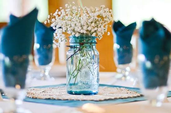 Blue Mason Jar Vases with Baby's Breath