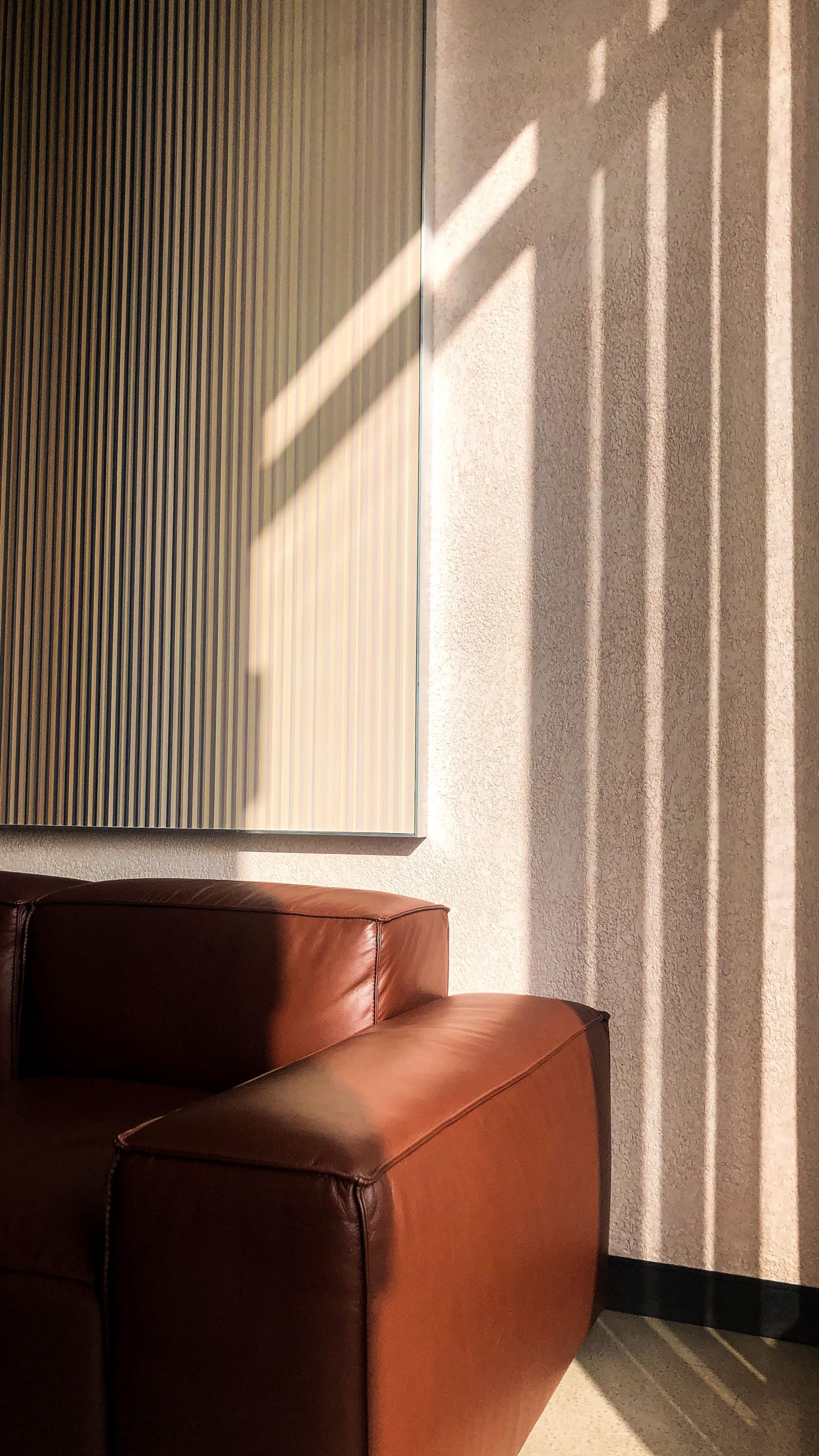 Brown leather couch in sunlight with shadow patterns on an indoor wall.