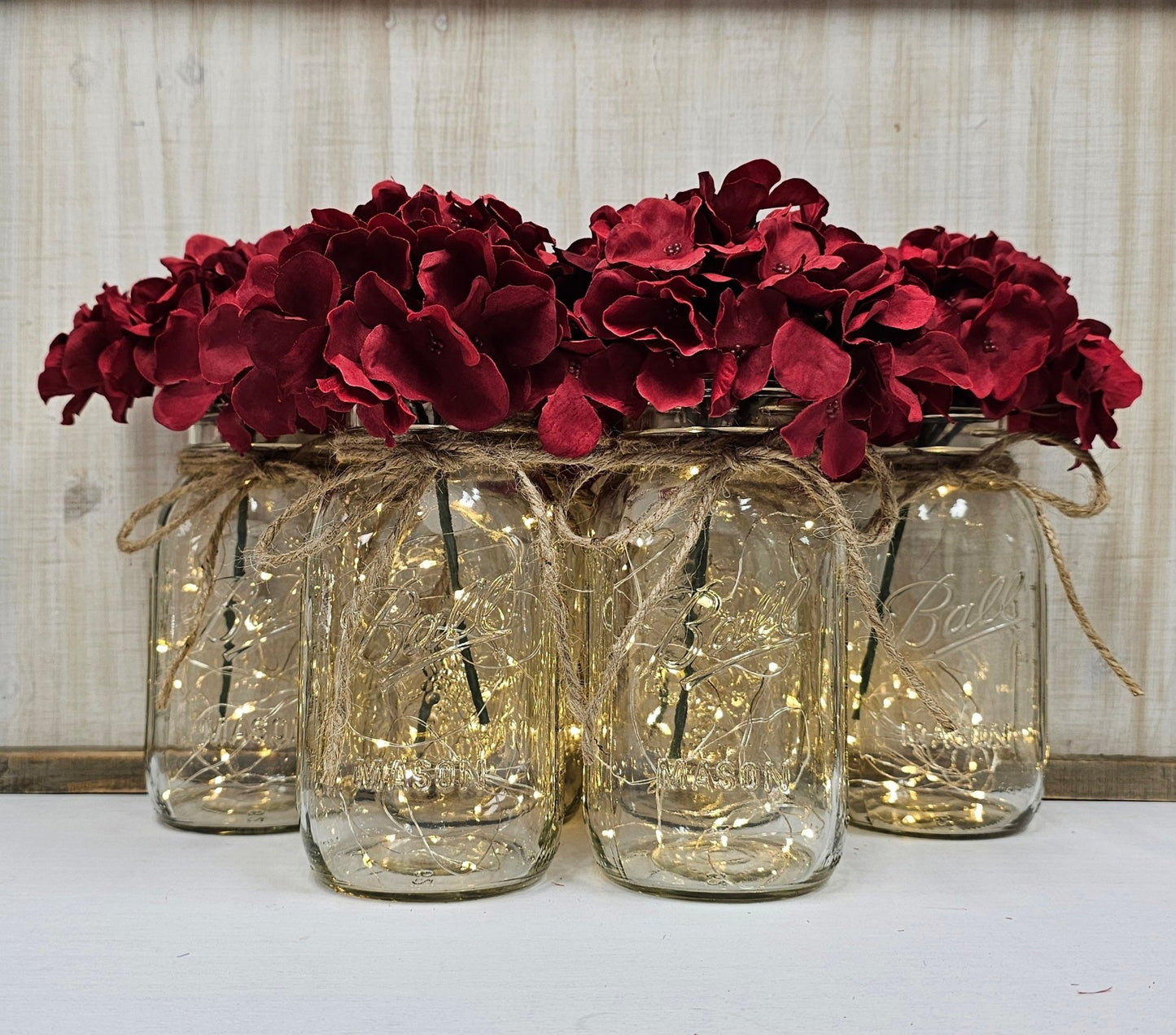 Burgundy Hydrangea Lighted Mason Jar Centerpiece – Glassy Gal Decor
