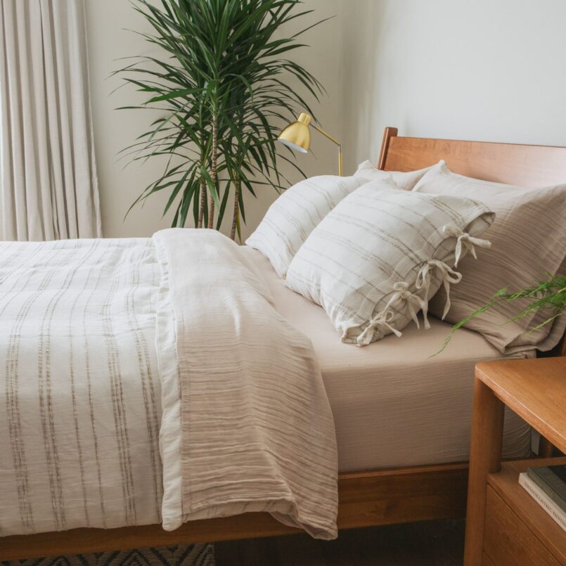 Calm Striped Linen Beige Duvet Cover | Crane Home