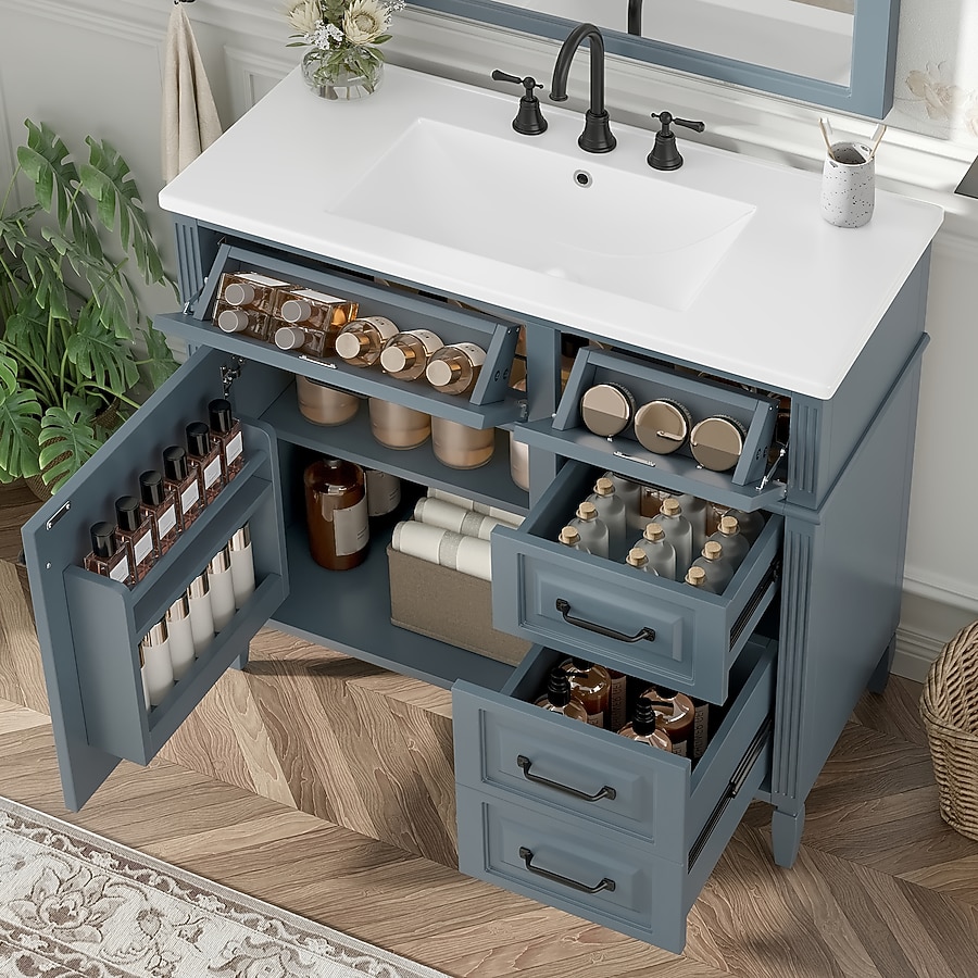 Ceramic Sink Vanity 36 Inch Bathroom Vanity With Ceramic Sink Top – Solid Poplar Wood Frame, MDF Cabinet, Flip & Pull-Out Drawers, Adjustable Shelf, Soft-Close Doors, Freestanding In White