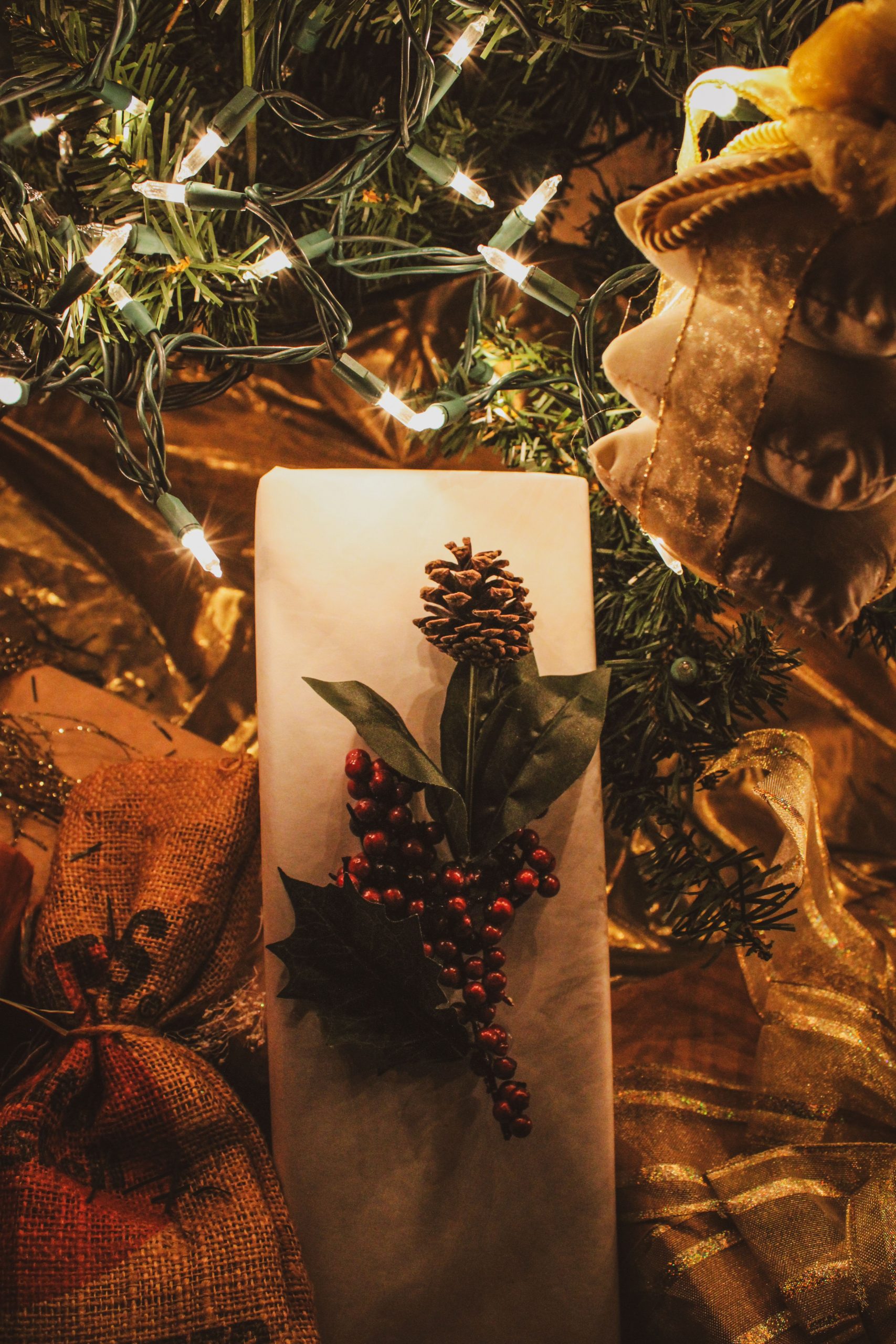 Christmas gift wrapped with pinecone and berry decoration under tree lights.
