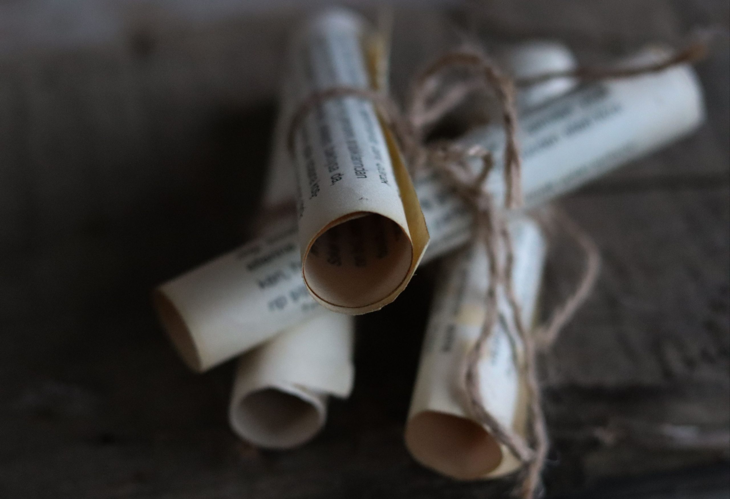 Close-up image of vintage rolled papers tied with twine, evoking an old-world charm.