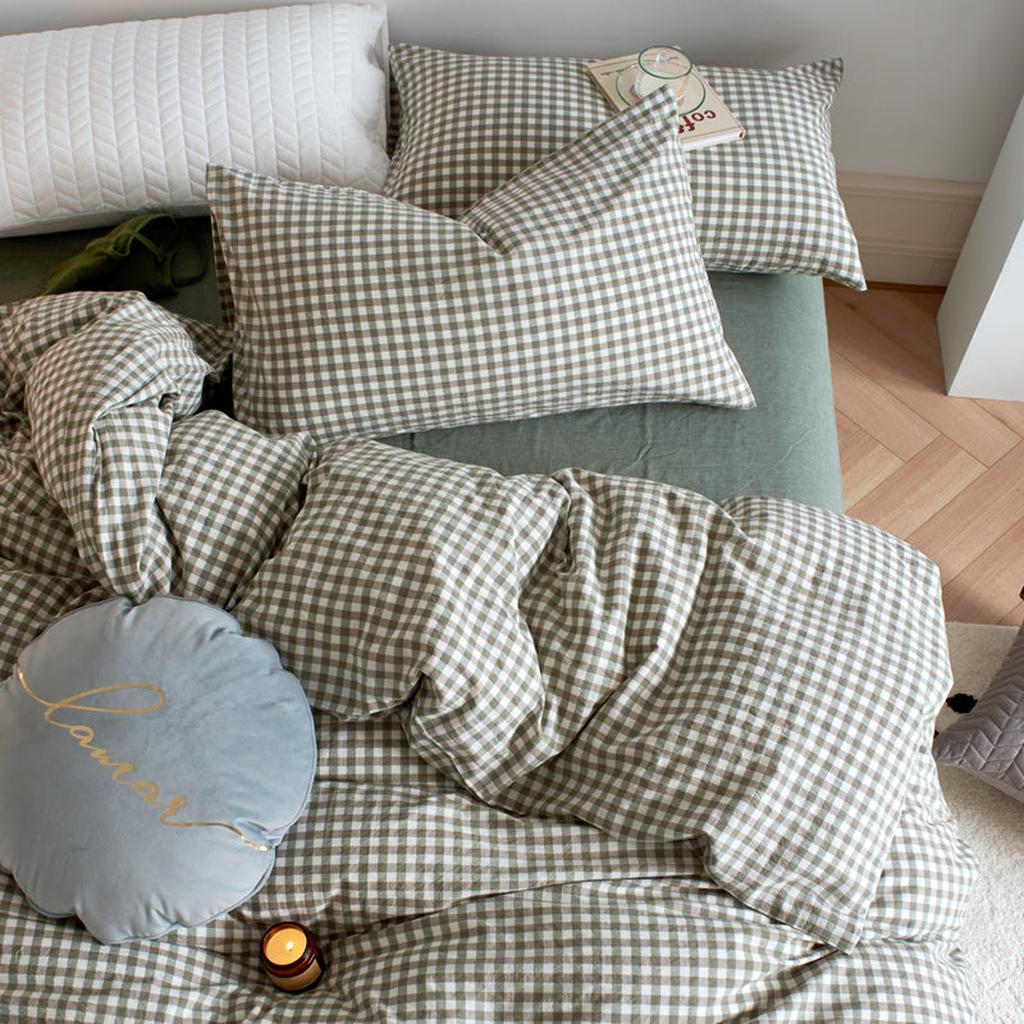 Cotton Small Gingham Bedding Set - Beige Twin/Twin XL / Green