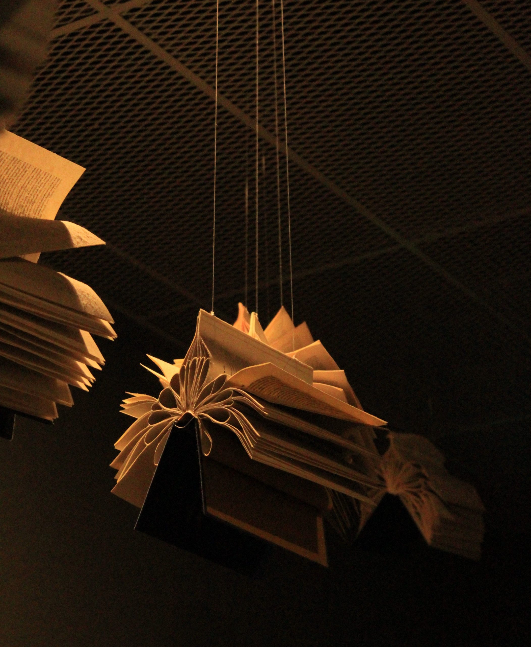 Creative art installation featuring books suspended from ceiling, creating a floating visual effect.
