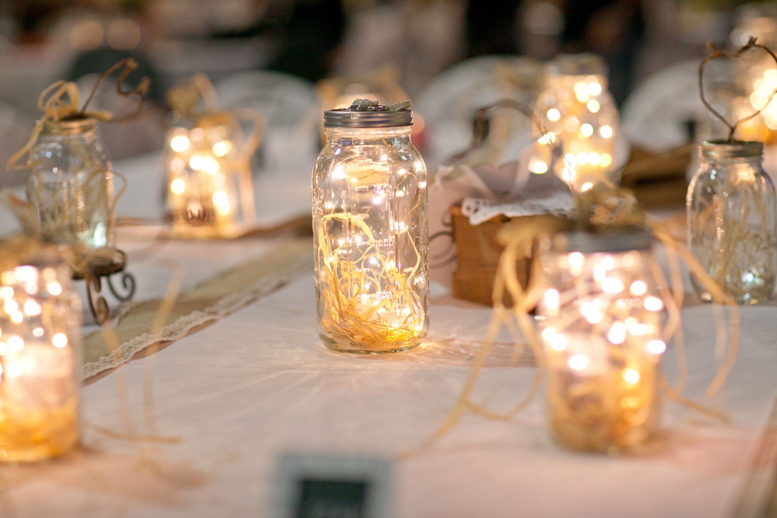 DIY Raffia and String-Light Centerpieces
