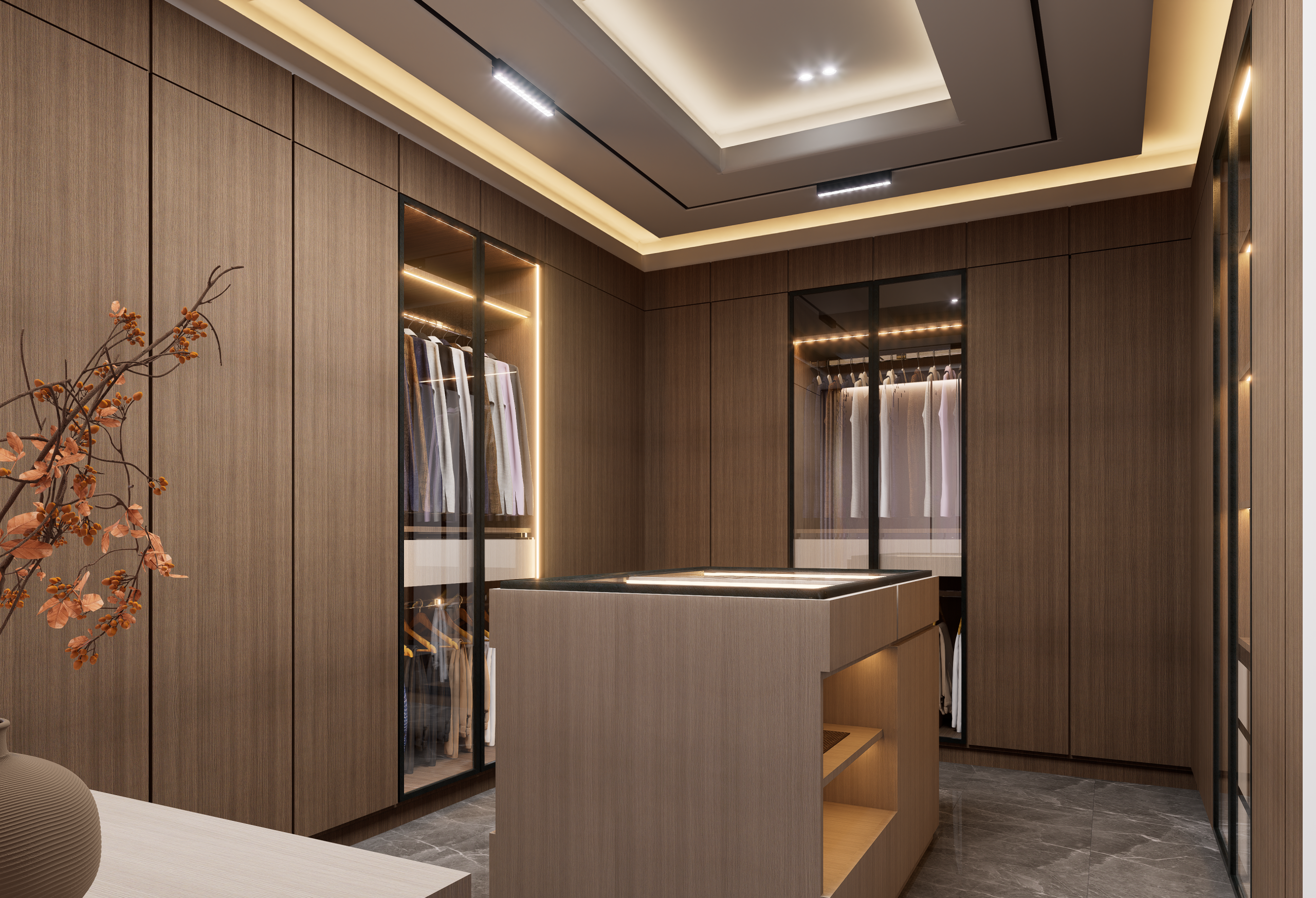Elegantly designed luxury walk-in closet featuring warm lighting and wood finishes.