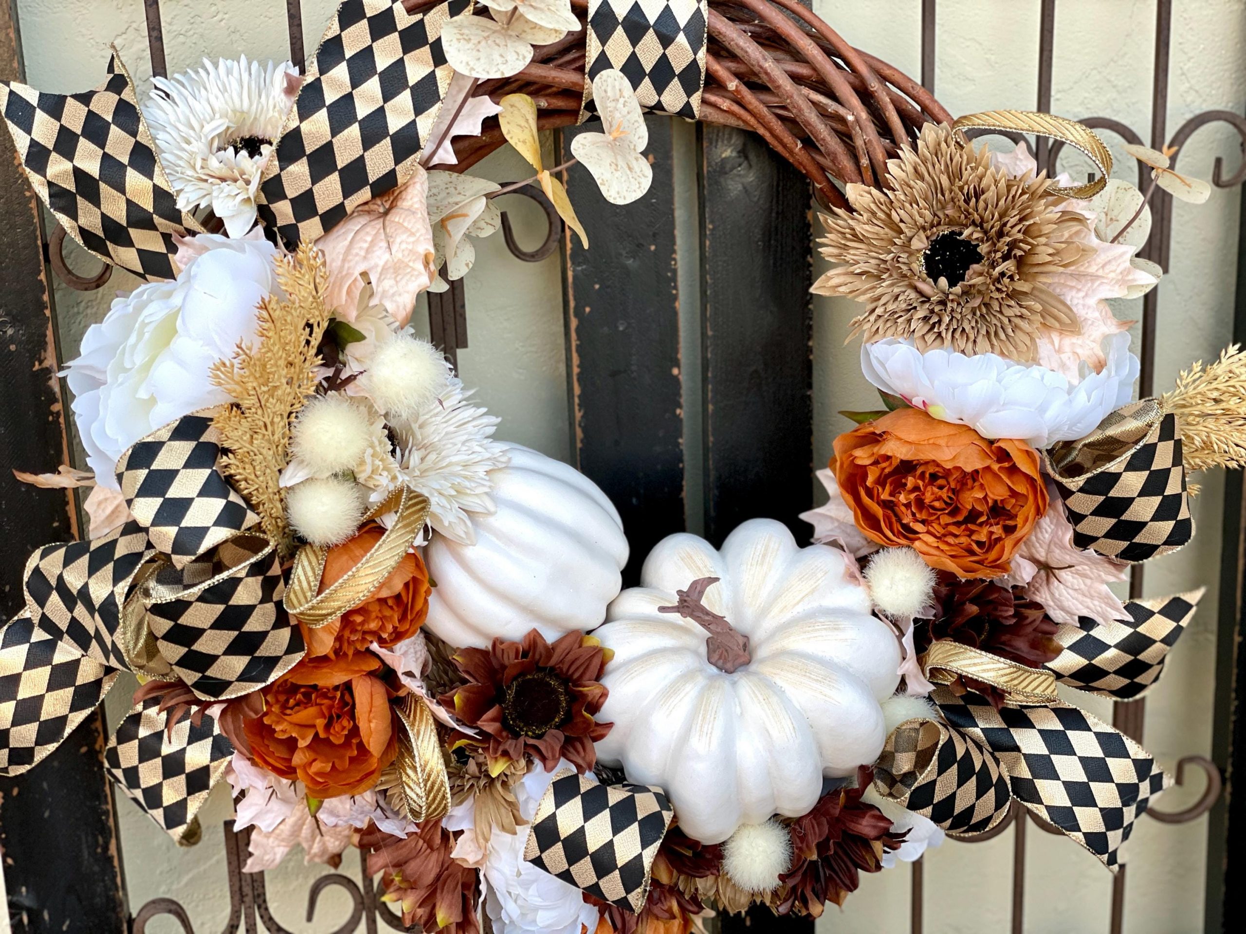 Fall Door Wreath, Cream Pumpkins, Black and Gold Ribbon, Autumn Decor