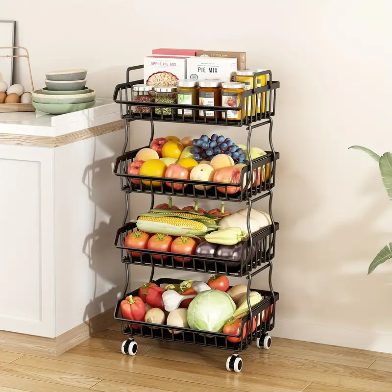 Fruit Vegetable Basket For Kitchen, 4 Tier Stackable Fruit Vegetable Storage Baskets With Wheels, Metal Wire Storage Basket Organizer Baskets For Kitchen, Pantry.