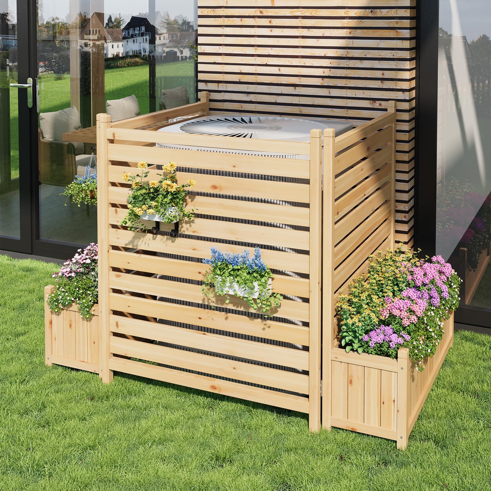 Garvee Privacy Fence Panels Wood Outdoor Screens with Planter Box, Freestanding Stability, Weather-Resistant Solid Wood, 3-Panel Set for Backyard ...