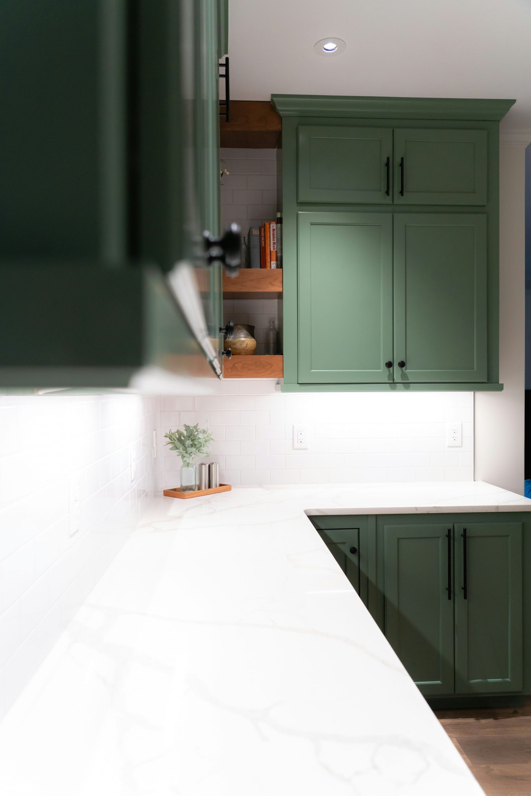 Green kitchen cabinets in a modern kitchen.