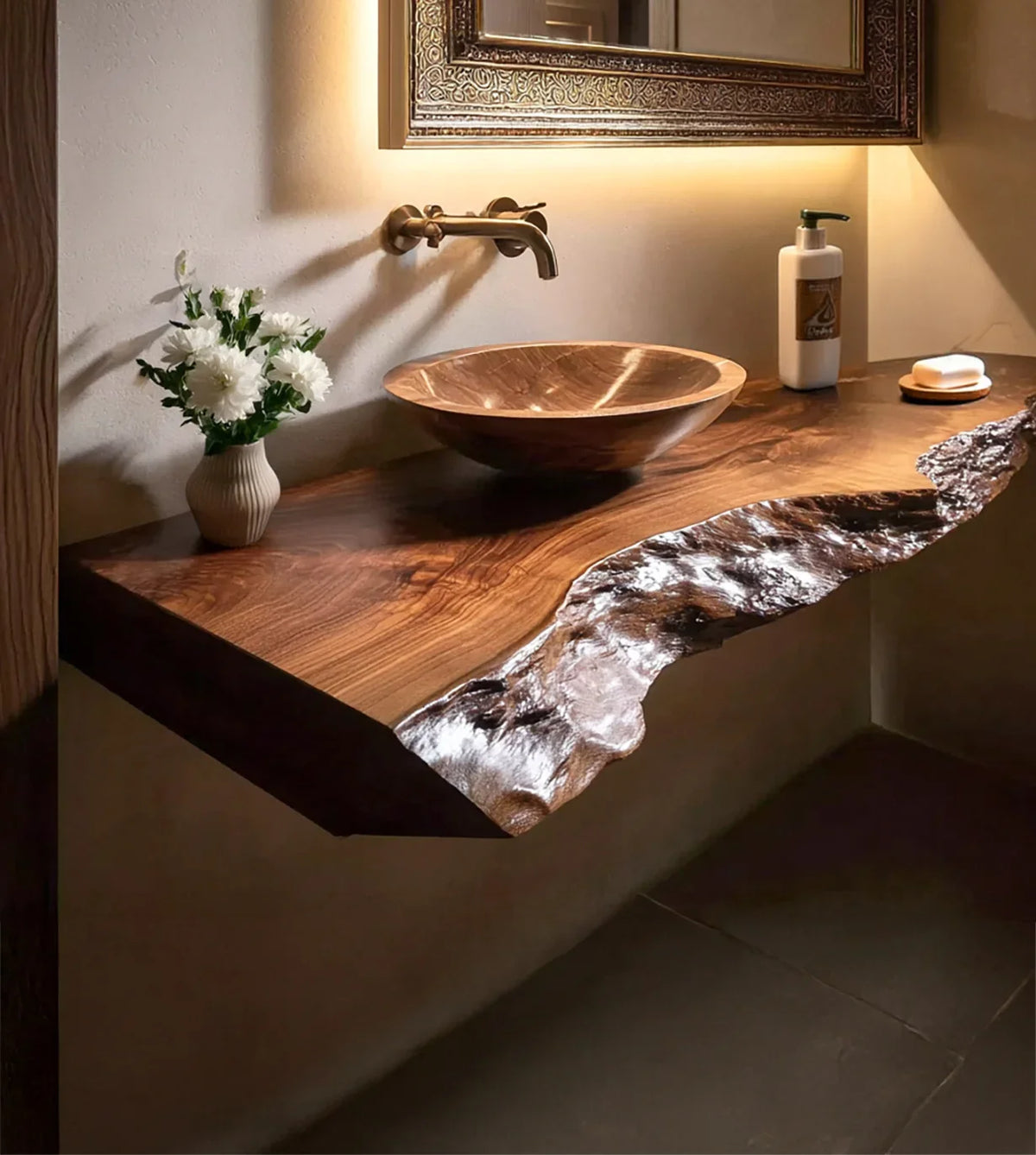 Handcrafted Solid Wood Floating Bathroom Vanity with Live Edge River Inlay - 16'W x 18'D