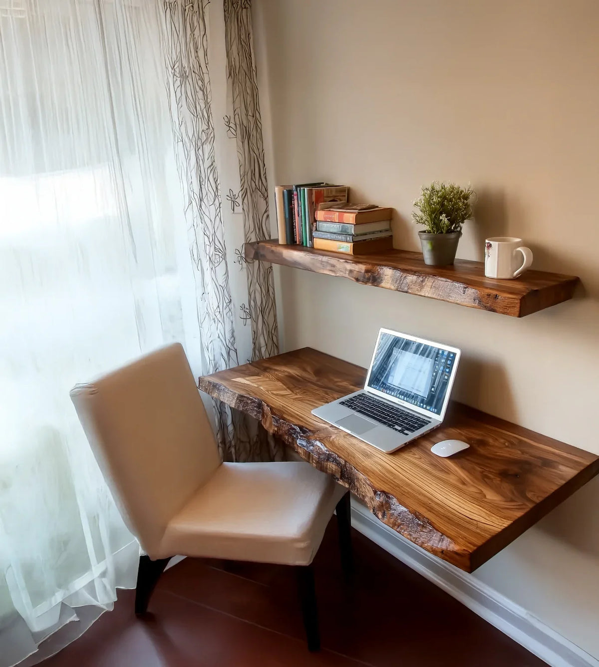 Handmade Floating Desk – Rustic Live Edge Shelf, Farmhouse Wall-Mounted Desk with Brackets - 30'W x 22'D