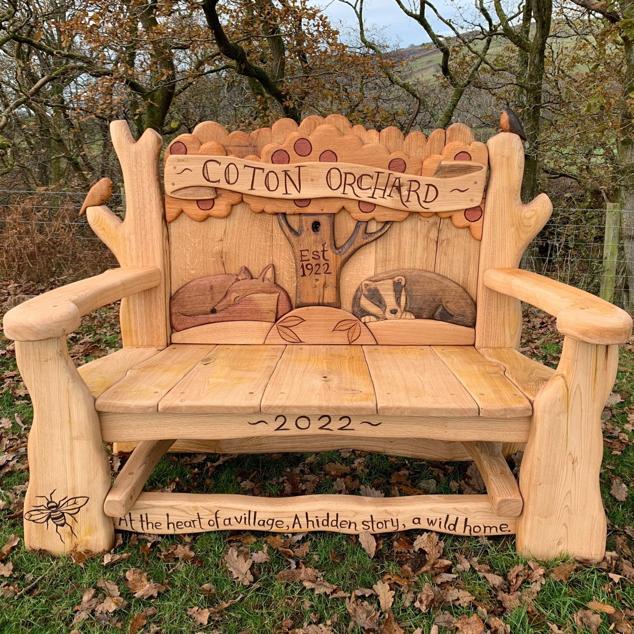 Heritage Orchard Bench | Wildlife Carvings | Handmade in Wales Unvarnished