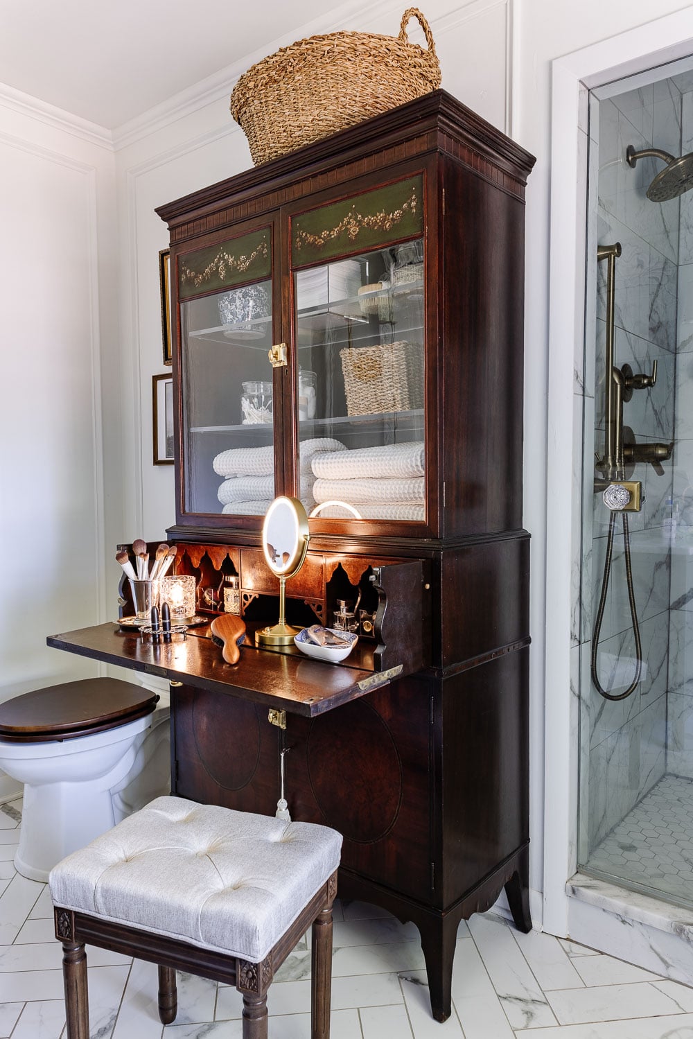 How I Turned a Secretary Desk Into a DIY Makeup Vanity in Our Small Bathroom - Bless'er House