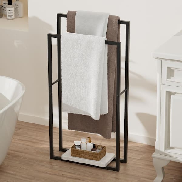 In Bathroom Stacked Towel Rack Wallniture Bath Towel Storage Rack, Black Metal Straight Organizer