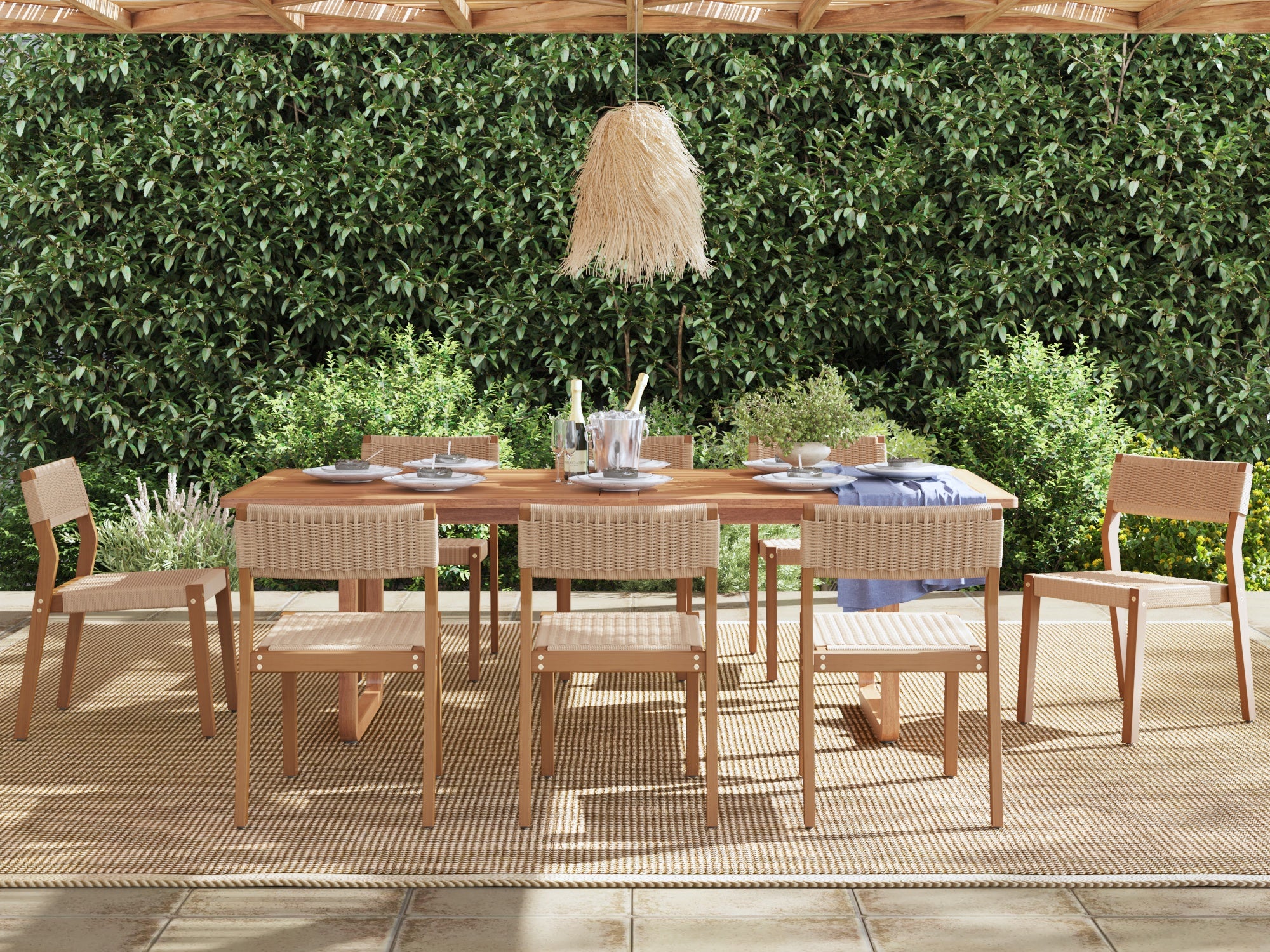 JARDINA Outdoor Wooden Dining Set for 8, 90.6' Table with Armless Chairs & Umbrella Hole
