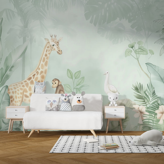 Kids room wallpaper | Soft tropical jungle with giraffe and monkey