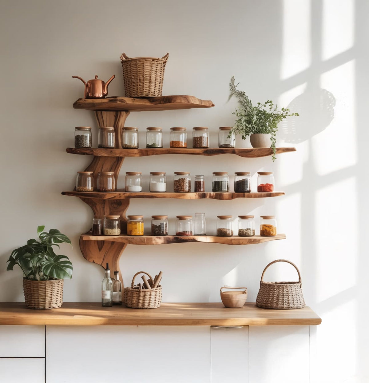 Live Edge Multi-Tier Kitchen Spice Shelf - Handcrafted Solid Wood Wall-Mounted Display Rack with Organic Tree Bracket