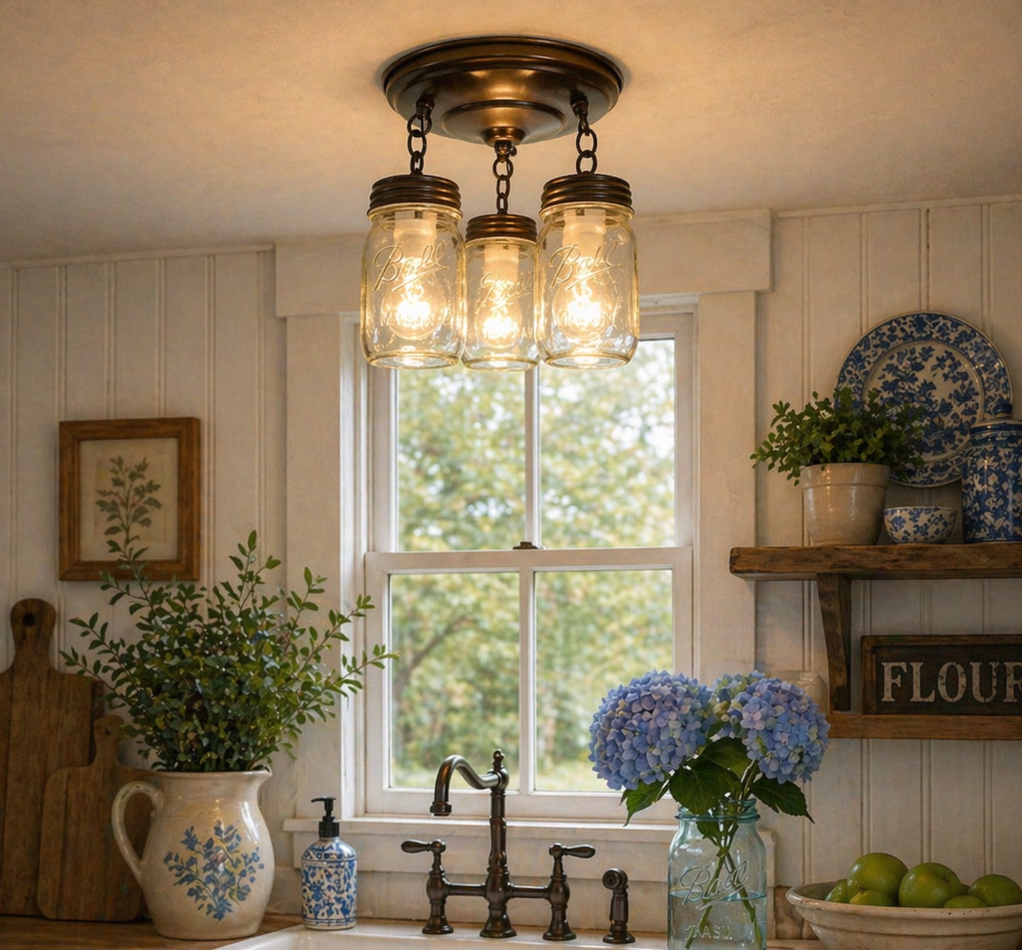 Mason Jar LIGHT FIXTURE New Quart Chain Trio