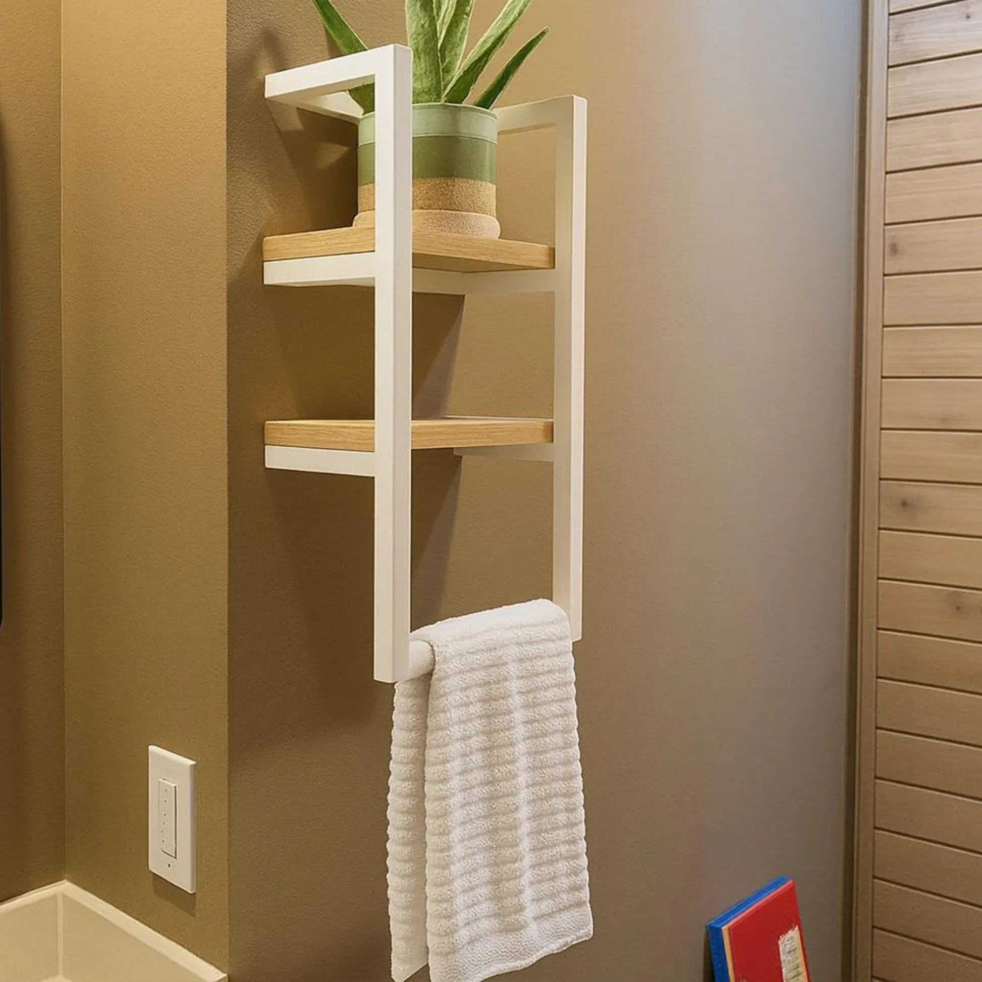 Metal & Wood 2-Tier Wall Shelf with Towel Bar | Modern Bathroom Storage – Adaptivo Furniture