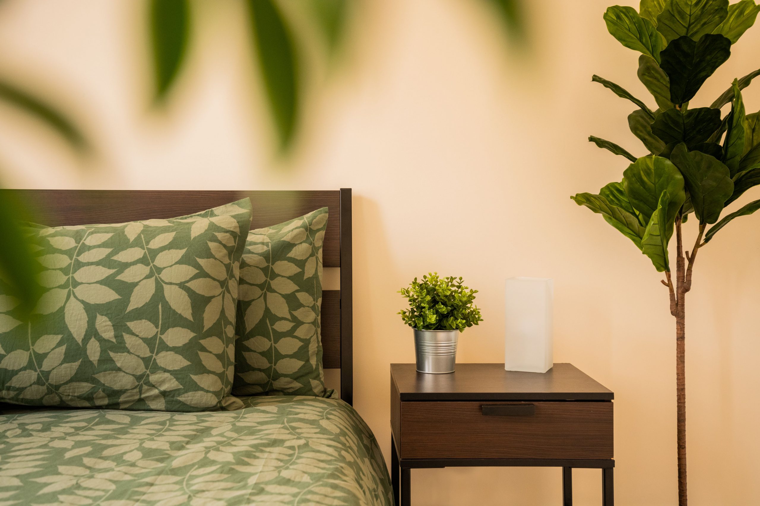 Modern bedroom featuring green leaf-patterned bedding and houseplants for a fresh nature theme.