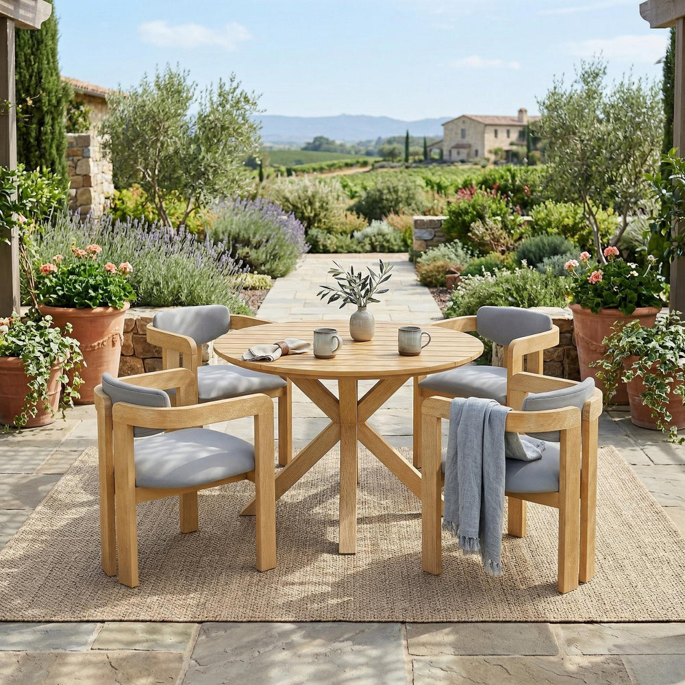 Modern Outdoor 5-Piece Teak Wood Round Dining Table & Chair Set with G – Walker Edison