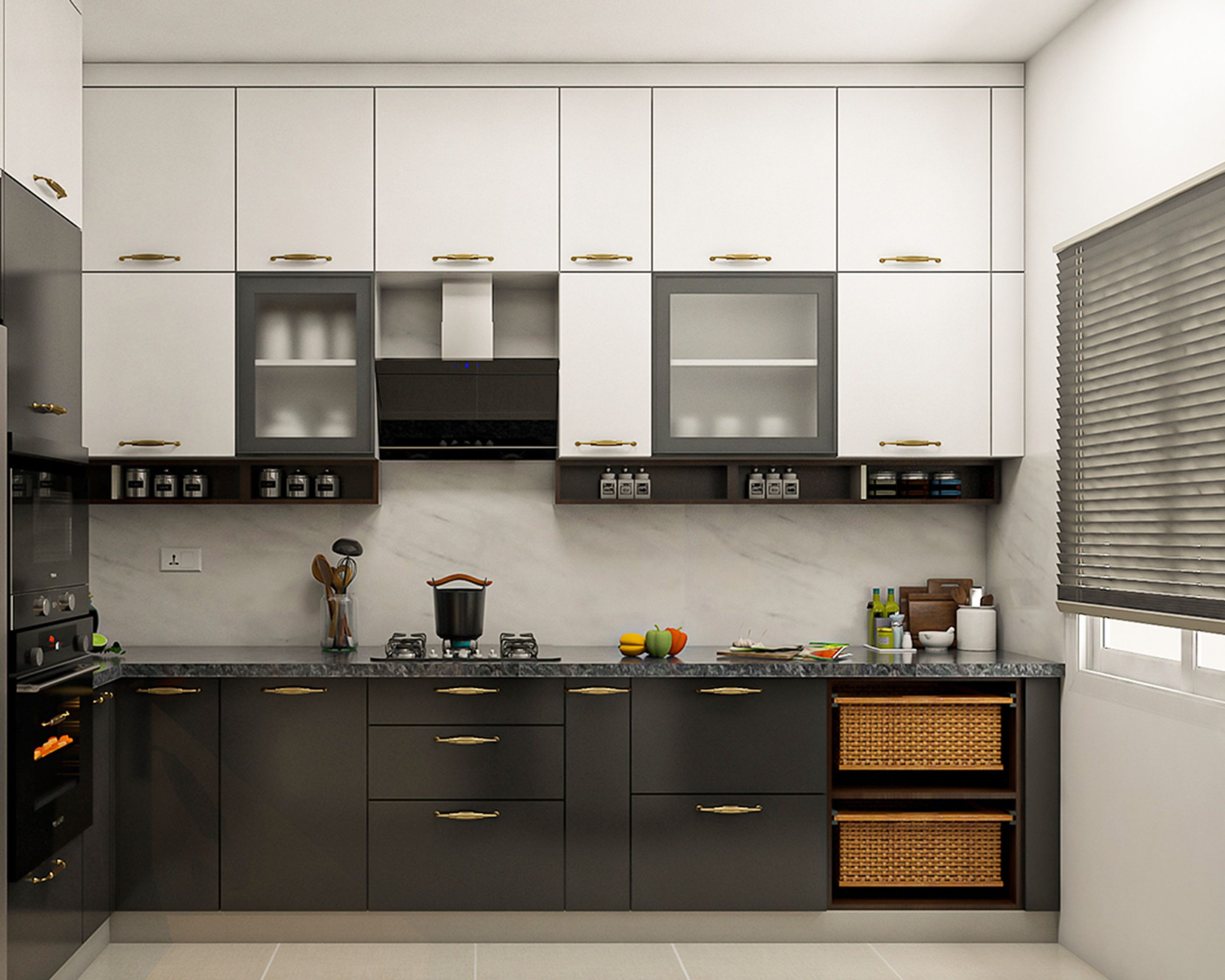 Modern Two-Tone L-Shaped Kitchen Design with Granite Countertops | Livspace
