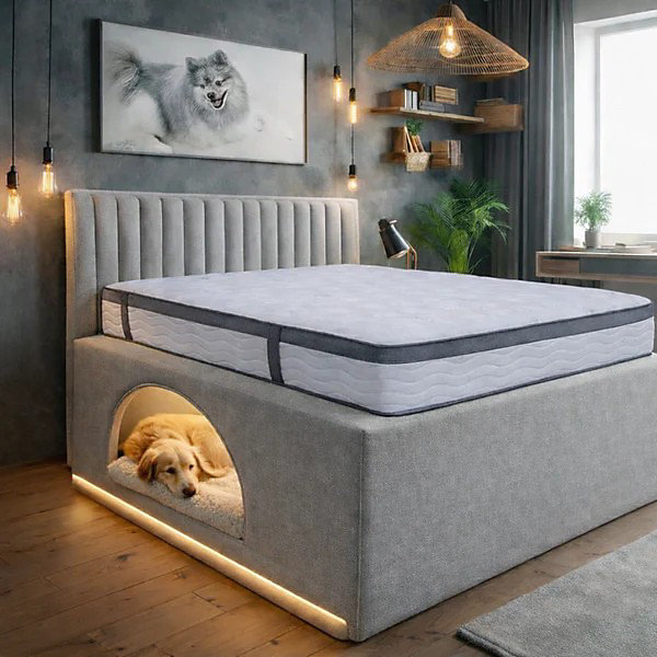 Modern Upholstered Bed Frame with Built-In Dog Bed - Pet-Friendly Platform Bed - Grey - Queen