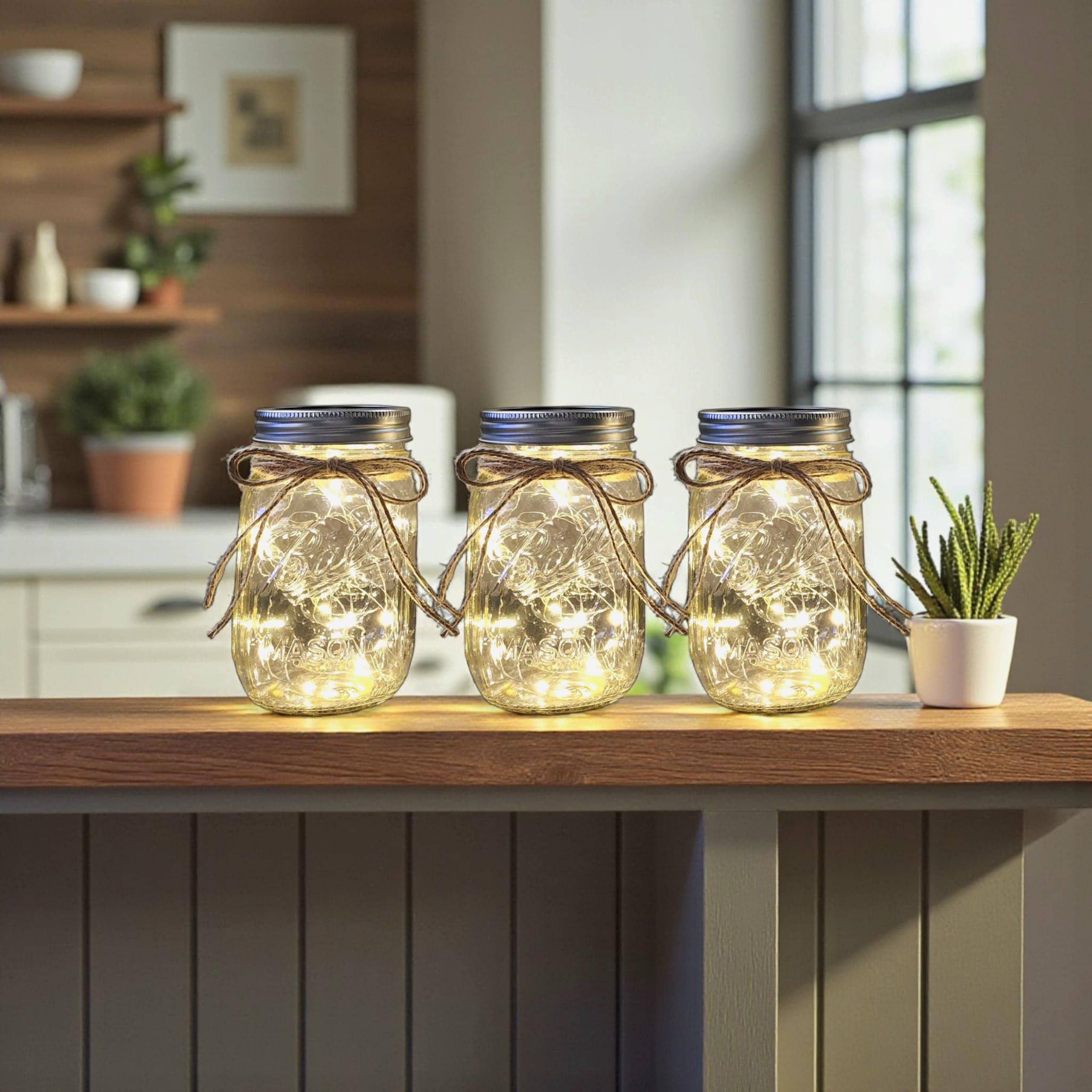 New 3-Piece Mason Jar Centerpiece with LED Lights, Farmhouse Table Decor - White