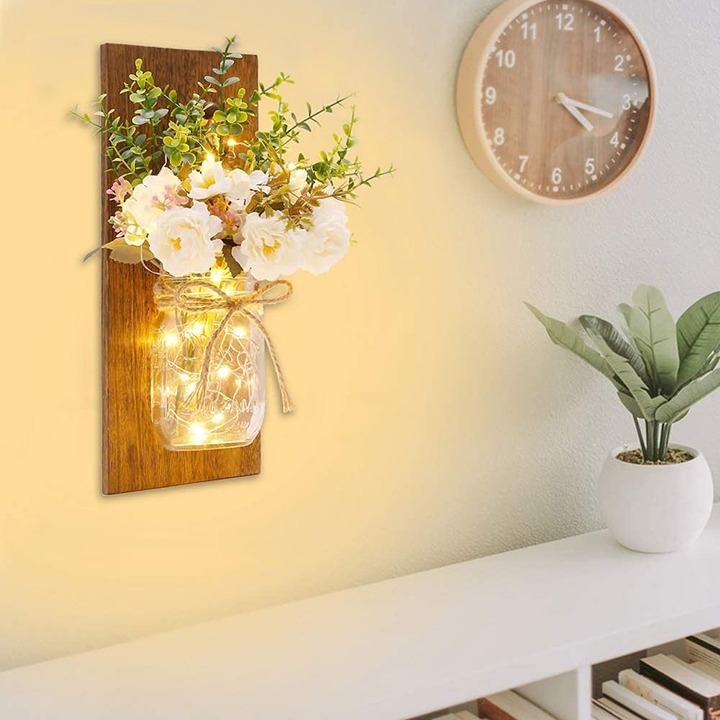 New Rustic Mason Jar Wall Sconces Handmade LED Fairy Light Peony Decor Set of 2