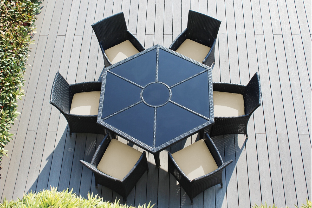 Ohana Depot Outdoor Patio Wicker Furniture Dining Set with 6 Chairs - Hexagon (Round) Dining Table - No Assembly Required