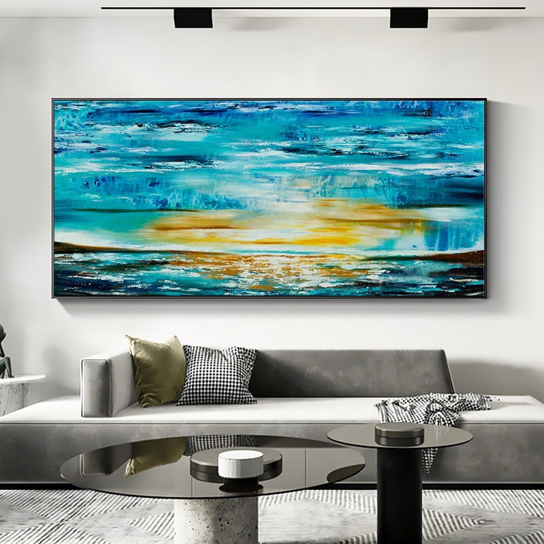 Original Oil Painting On Canvas, Large Wall Art, Abstract Blue Seascape Ocean Painting, Boho Wall Decor, Living Room Wall Decor, Home Decor