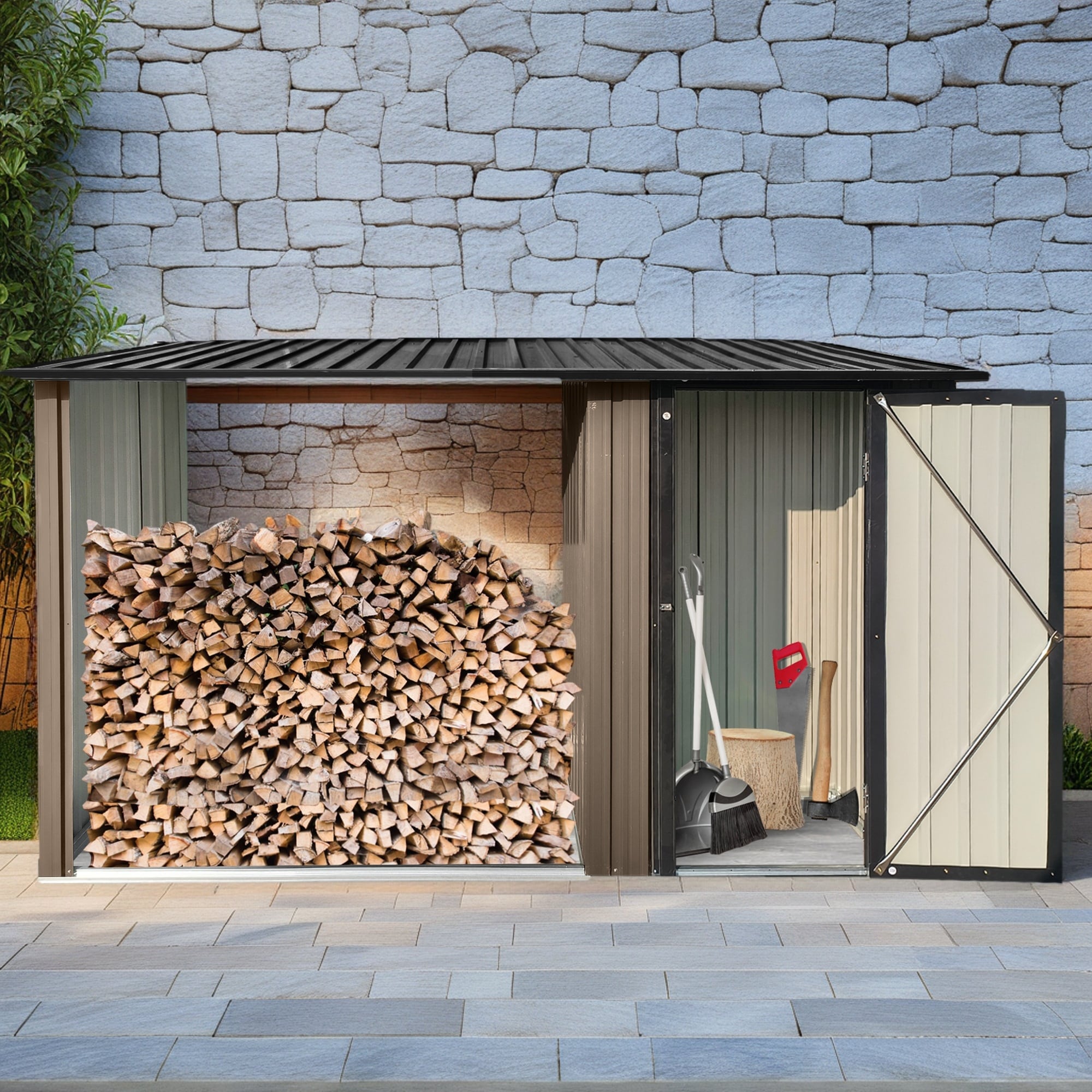 Outdoor Firewood Rack Wood Log Storage Sheds Outdoor Two-in-one Shed，Metal Firewood Rack And Storage Shed