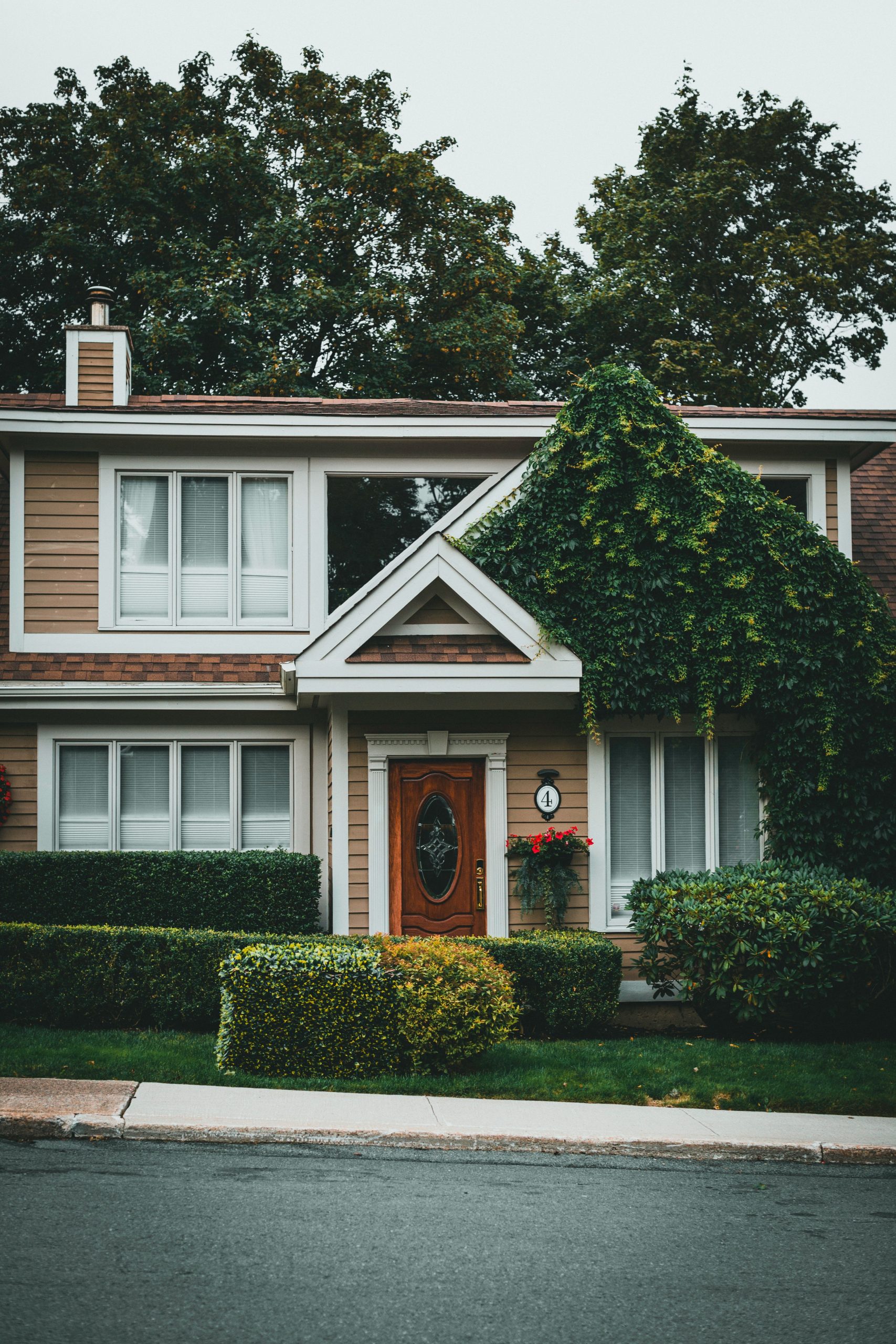 Picturesque suburban home featuring lush ivy and manicured shrubs, perfect for architectural themes.